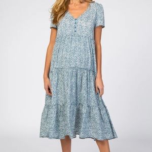 Pink Blush Maternity Blue Floral Chiffon Ruffle Hem Midi Dress